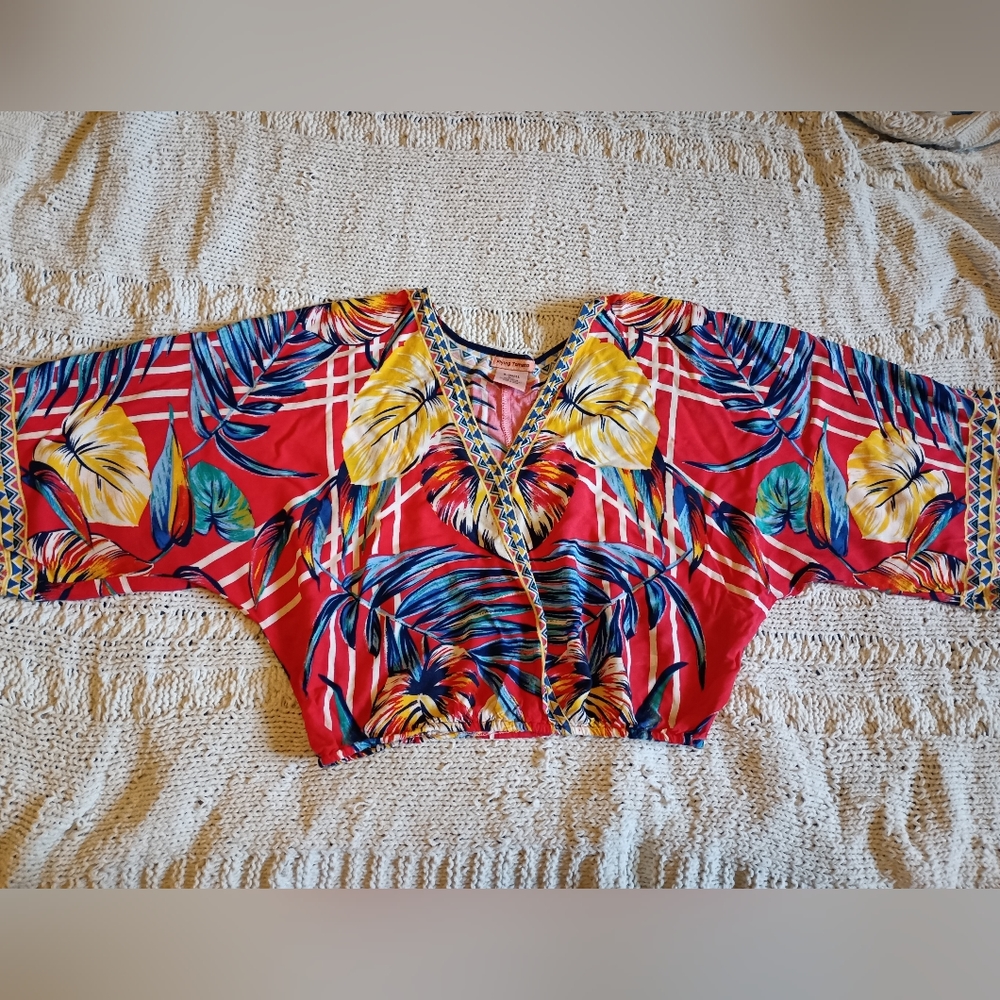 Anthropologie Flying Tomato Women Red Multicolor Print Cropped Blouse